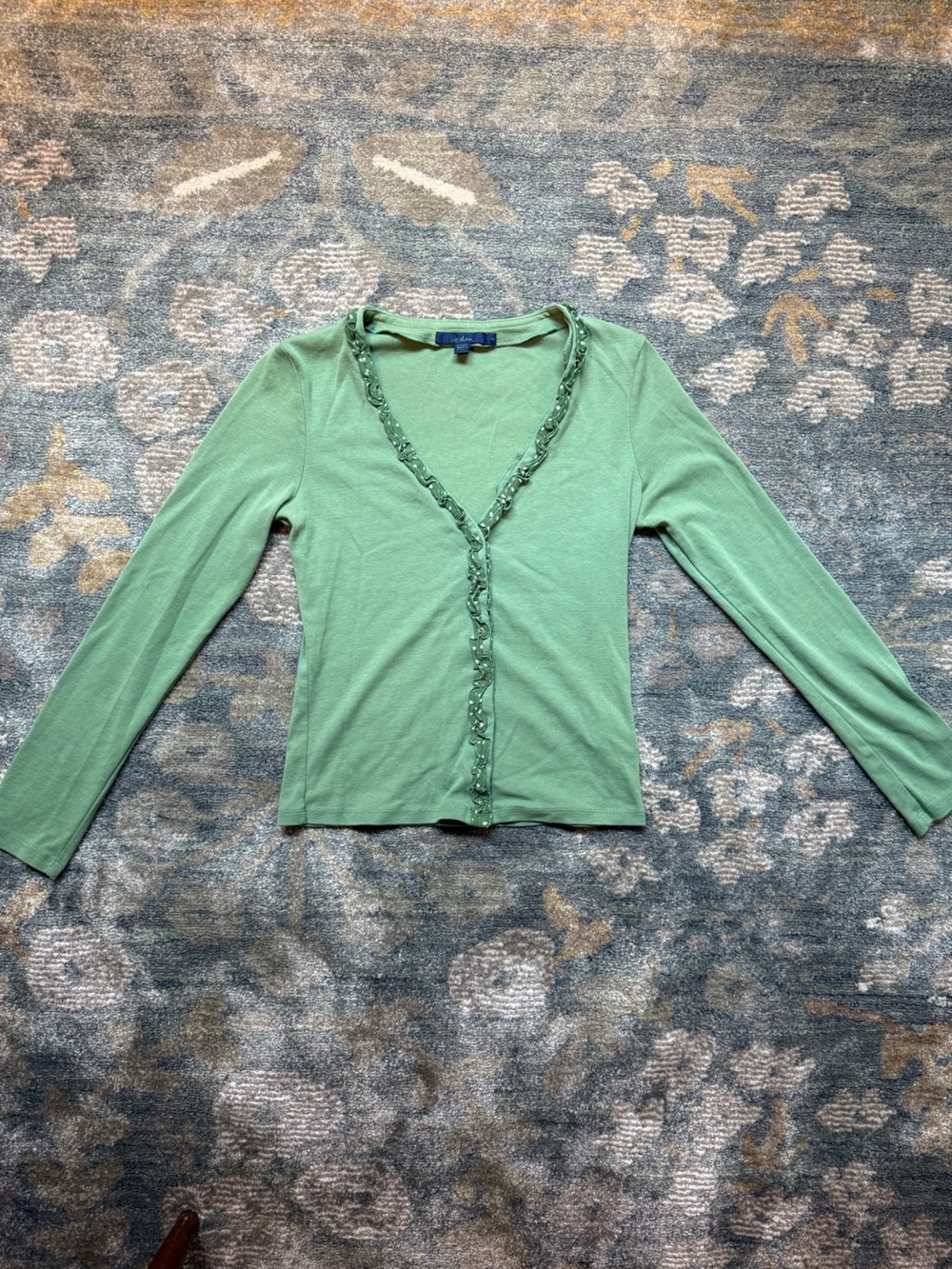 Boden 100% Cotton & Silk Green Ruffled Cardigan
